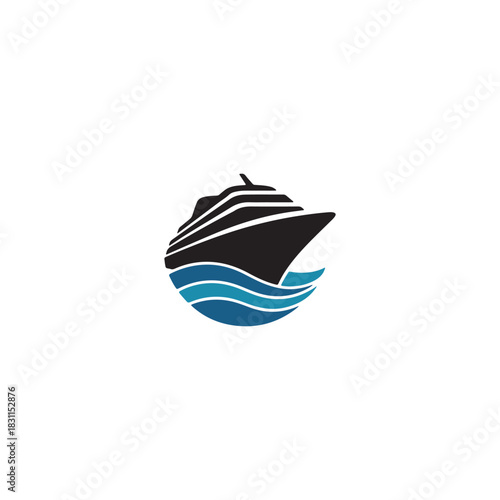 a sleek cruise ship graphic design featuring layers of blue waves and a stark black silhouette