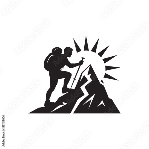a lone hiker with a backpack ascending a rugged mountain peak under a vibrant sunburst silhouette