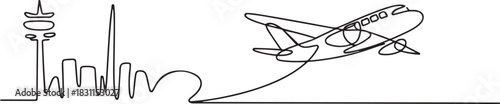 Small plane taking off in continuous line art drawing style, One continuous line drawing of airport icon. one line Icon drawing