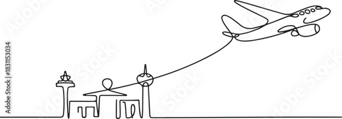 Small plane taking off in continuous line art drawing style, One continuous line drawing of airport icon. one line Icon drawing