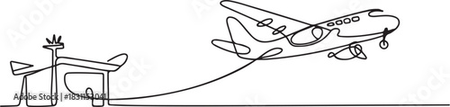 Small plane taking off in continuous line art drawing style, One continuous line drawing of airport icon. one line Icon drawing