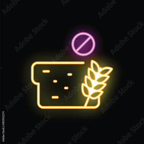 Neon icon with a slice of bread, wheat and a prohibition sign, representing gluten free food