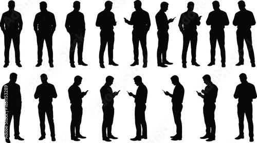 Businessman silhouettes, professional standing poses, office gestures, leadership communication, smartphone usage, career success, corporate lifestyle illustration