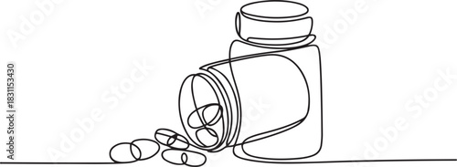 Continuous Line Drawing of Medicine Pills Icon. Hand Drawn Symbol Vector Illustration, Continuous one line drawing jar with pills. one line Icon drawing