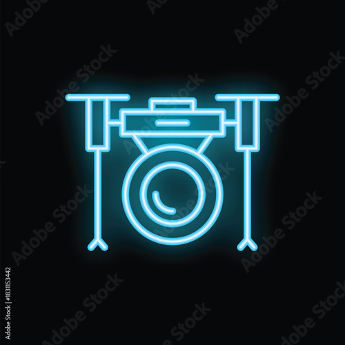 Blue neon sign of a quadcopter drone flying and delivering a package on a black background