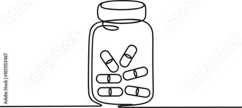 Continuous Line Drawing of Medicine Pills Icon. Hand Drawn Symbol Vector Illustration, Continuous one line drawing jar with pills. one line Icon drawing