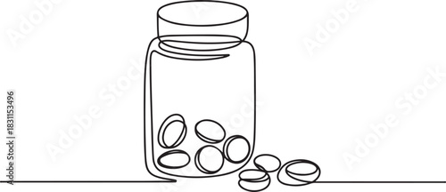 Continuous Line Drawing of Medicine Pills Icon. Hand Drawn Symbol Vector Illustration, Continuous one line drawing jar with pills. one line Icon drawing
