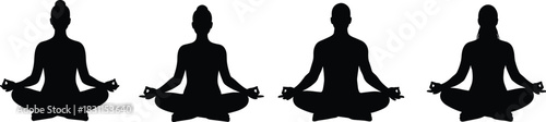 Four people sitting in lotus yoga position, meditation silhouette practicing mind