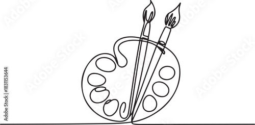 A single line drawing of a palette. Continuous line coloring palette icon. One Art brushes, palette and tubes of paints, drawn with continuous line in minimalism. one line Icon drawing