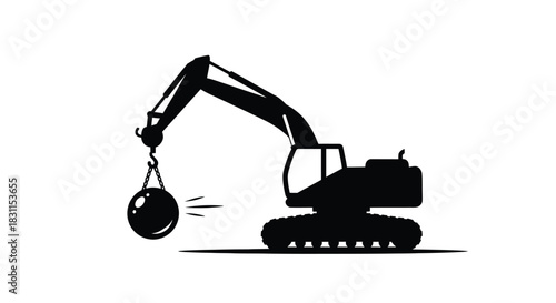 Black silhouette of a demolition excavator with a wrecking ball