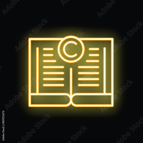 Neon yellow icon of an open book with a copyright symbol on it, glowing on a black background