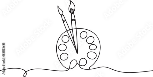 A single line drawing of a palette. Continuous line coloring palette icon. One Art brushes, palette and tubes of paints, drawn with continuous line in minimalism. one line Icon drawing