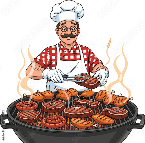 Happy cartoon chef in a white apron and toque grilling assorted meats, steaks, sausages, and chicken drumsticks on a hot BBQ grill, summer barbecue party illustration.