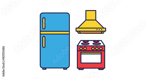 Colorful illustration of a refrigerator stove and range hood appliance set