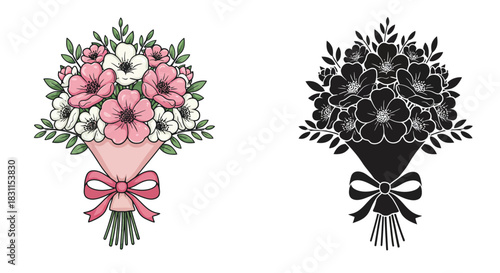 Two floral bouquets one colorful and one black and white are displayed