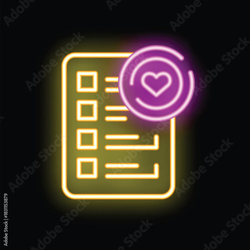 Neon icon of clipboard with heart for donation checklist, blood test results or medical examination