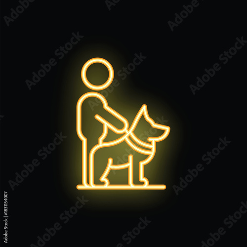Bright yellow neon sign of a man walking a dog on a leash
