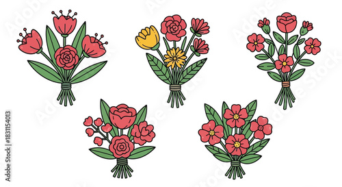 An assortment of colorful hand drawn floral bouquets and blossoming arrangements