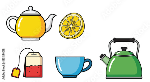 A colorful illustration depicting tea a lemon and teapots