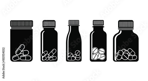 A series of black medicine bottles with pills inside graphic style