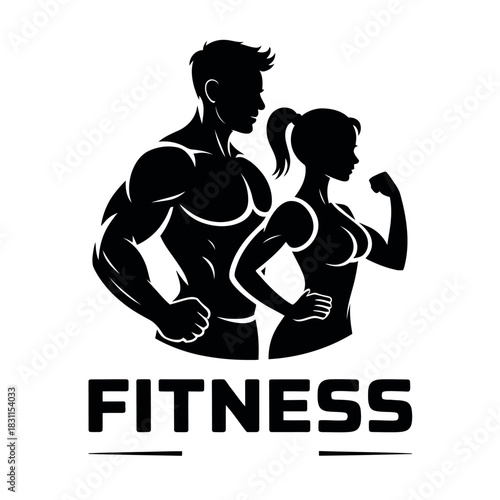 Silhouette of a muscular man and woman flexing muscles, signifying fitness and strength.