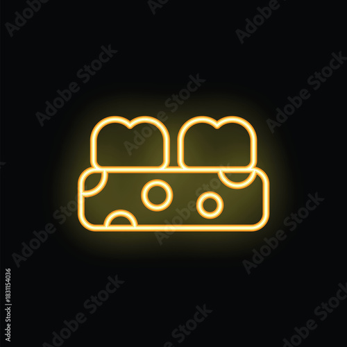 Bright yellow neon line art icon of a dental bridge replacing missing teeth on a black background