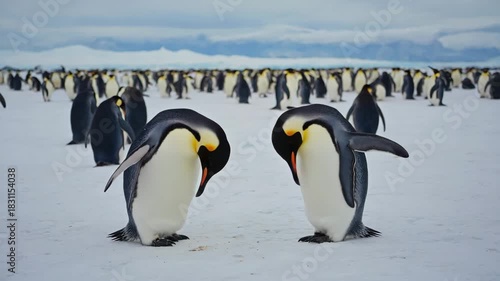 Two emperor penguins bow heads in snowy antarctic colony with blurred background of many birds