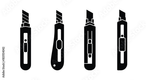 Four black and white illustrations depicting different utility knife designs
