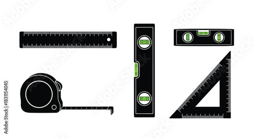 Essential measuring tools including ruler level tape measure and triangle