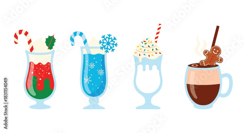 Festive holiday drinks in glasses with various toppings and decorations