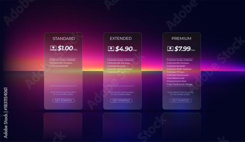 Modern price table. Matte phone screen mockup.Transparent blurred glass plate. Glassmorphism style. Pricing plans for websites and applications. Vector template.