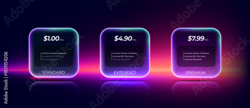 Glassmorphism pricing interface for SaaS, web hosting, digital services, cloud platforms, subscription apps, and tech startups, featuring glowing neon gradient panels.