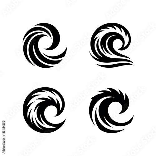 Four stylized black and white wave icons represent abstract swirling water elements.
