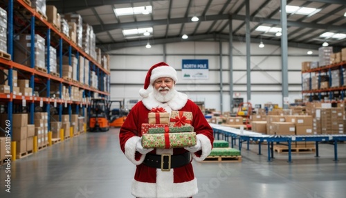 Santa Claus in a warehouse filled with holiday gifts, showcasing the spirit of giving and the festive atmosphere of the North Pole during the Christmas season.