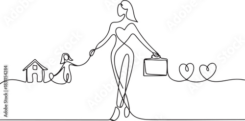 Continuous one line drawing of Woman work life balance icon. Single line drawing Woman work activity. Work life balance concept vector art. one line Icon drawing