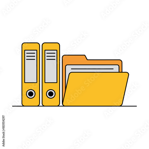 Two upright binders and an open folder sit on a surface, representing organization.