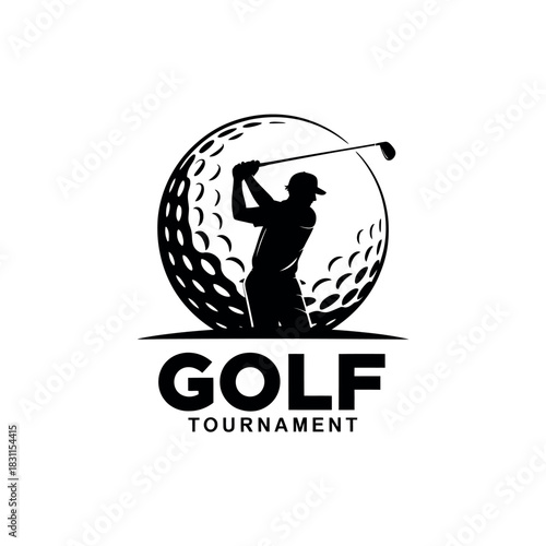 Golfer swings club against a large golf ball with the text "GOLF TOURNAMENT" below.