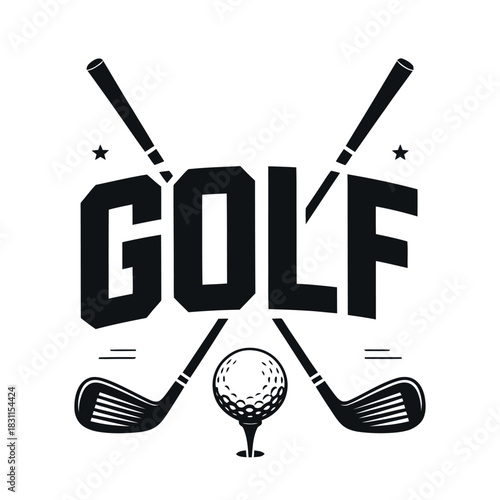 Stylized graphic emblem featuring the word GOLF, crossed golf clubs, and a golf ball on a tee