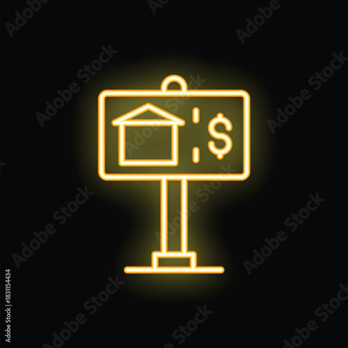 Glowing neon sign showing a house and a dollar sign, representing the concept of real estate and property for sale