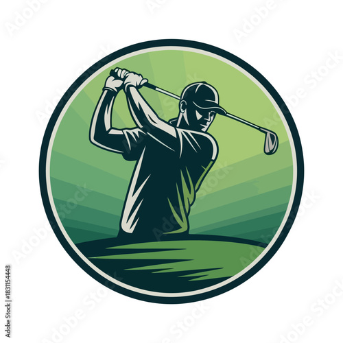 A golfer swings his club with focus on a green course during a sunny day.