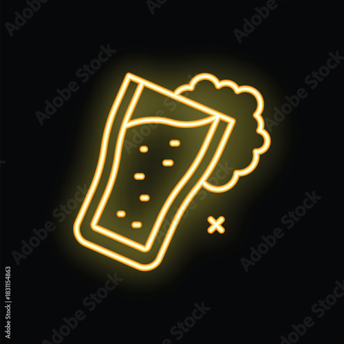 Yellow neon sign of a tilted beer glass pouring, with its foam, on a black background