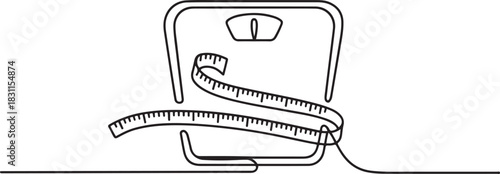 Single one line drawing body scales tied with measuring tape. A symbol to keep remembering healthy living at all times. Diet. one line Icon drawing