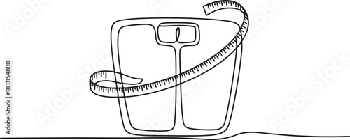 Single one line drawing body scales tied with measuring tape. A symbol to keep remembering healthy living at all times. Diet. one line Icon drawing