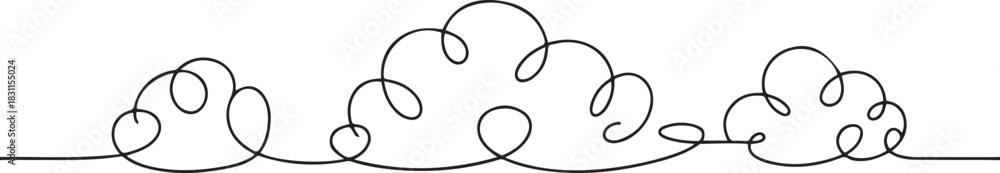 Obraz premium Continuous one line clouds. Minimalist linear fluffy cloud, simple nimbus and decorative sky themed overcast vector horizontal divider illustrations sets. one line Icon drawing