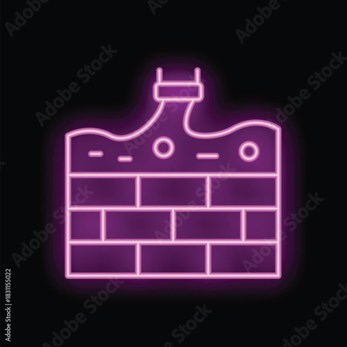 Neon sign of an industrial factory is polluting by emitting smoke over a brick wall