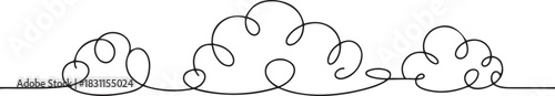 Continuous one line clouds. Minimalist linear fluffy cloud, simple nimbus and decorative sky themed overcast vector horizontal divider illustrations sets. one line Icon drawing