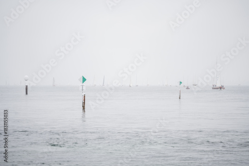 Countless sailboats sail along the shore of Lake Constance in the snowfall during winter sailing. Constance, Baden Württemberg, Germany.