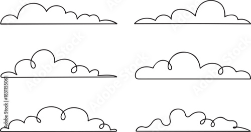 Continuous one line clouds. Minimalist linear fluffy cloud, simple nimbus and decorative sky themed overcast vector horizontal divider illustrations sets. one line Icon drawing