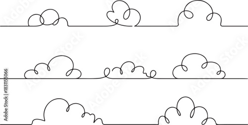 Continuous one line clouds. Minimalist linear fluffy cloud, simple nimbus and decorative sky themed overcast vector horizontal divider illustrations sets. one line Icon drawing