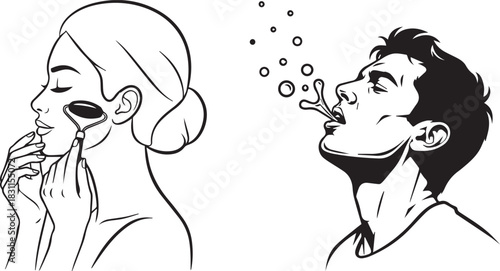 Line Art Profile Illustrations: Woman with Facial Roller and Man Rinsing